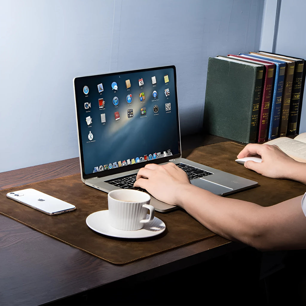 Extra large coffee mad horse skin non-slip desk pad 90cm x 45cm on desk