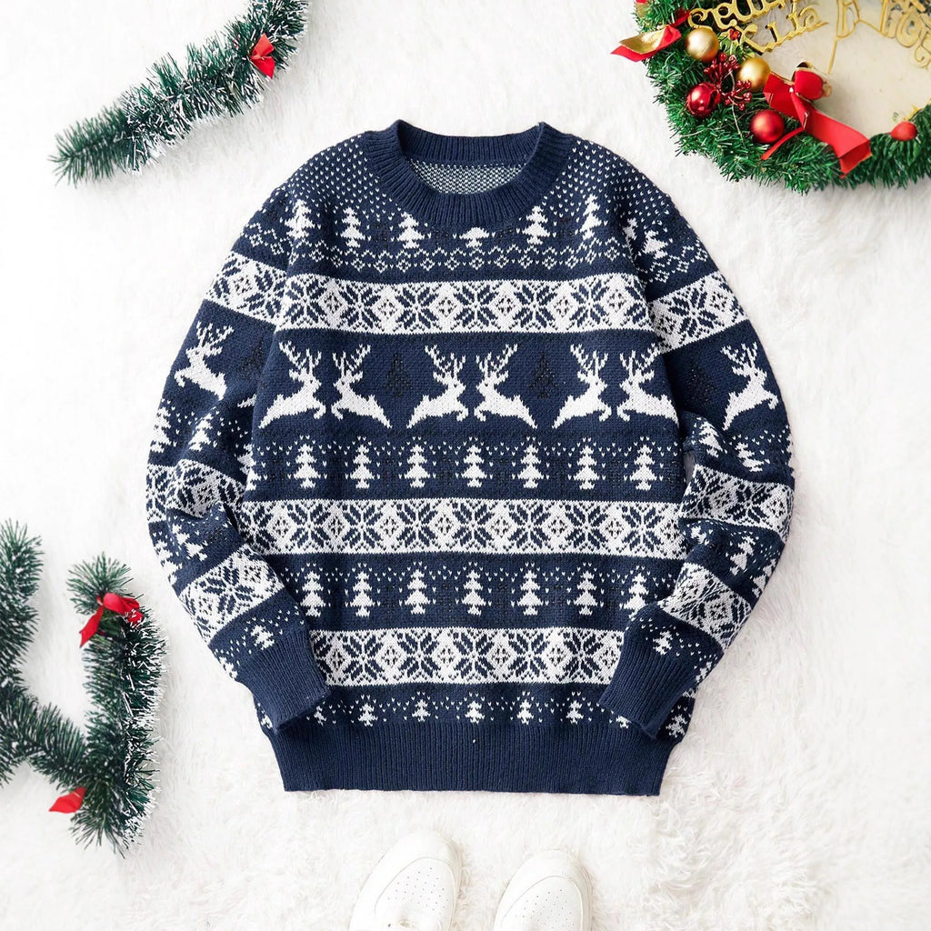 Men's loose jacquard Christmas sweater in red with round neck and long sleeves