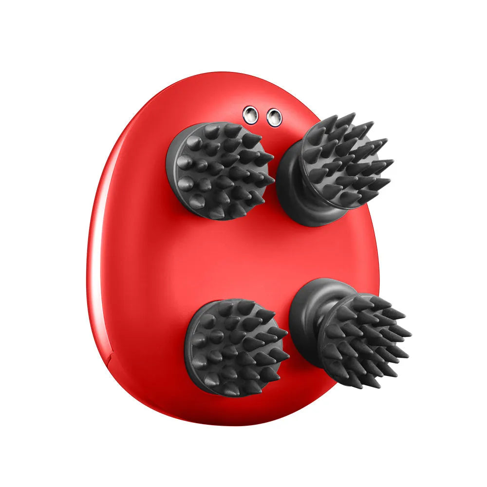 Red handheld scalp massager with silicone nodes measuring 110x120x82mm