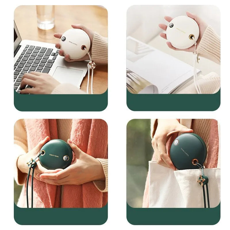 Green hand warmer power bank with digital display showing charge level, next to a charging cable.