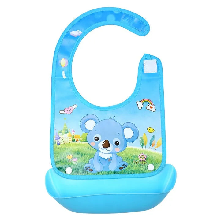 Cartoon baby PVC three-dimensional bib with blue koala design and waterproof silicone pocket