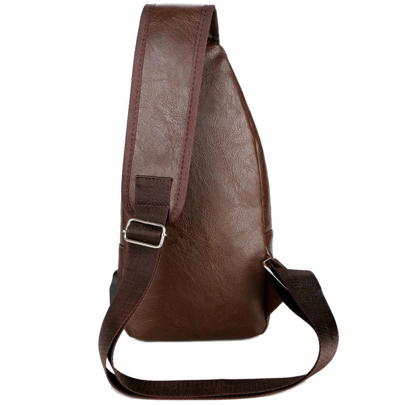 USB portable charging chest bag messenger bag small PU leather black with hardware slider front pocket