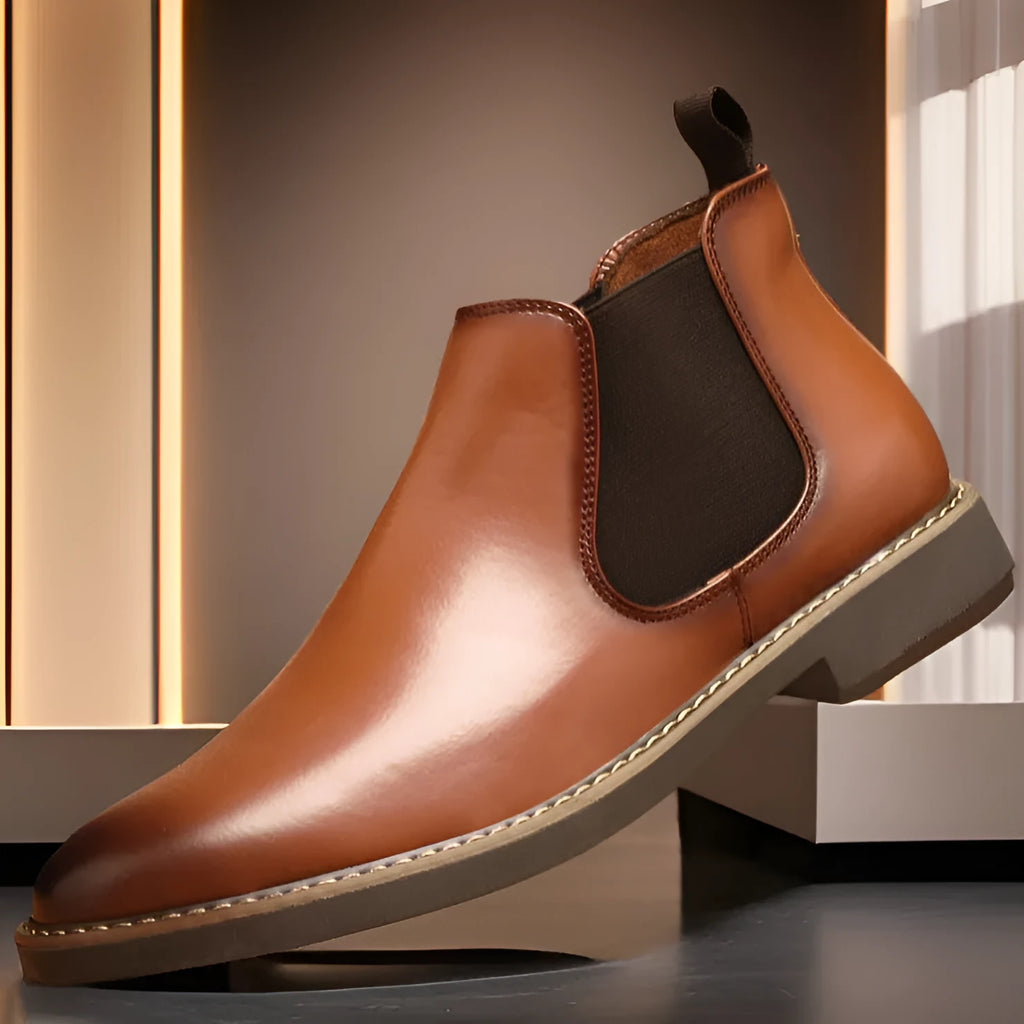 Men's black leather-look work boots with square heel and rubber sole shown in mid-calf design