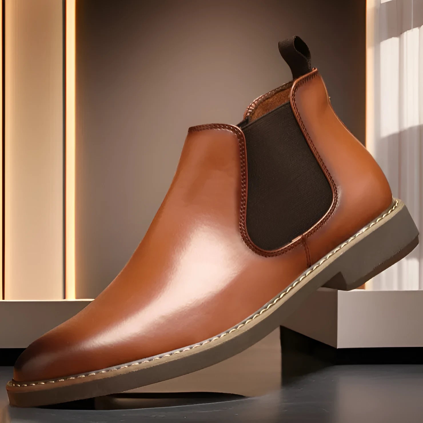 Men's black leather-look work boots with square heel and rubber sole shown in mid-calf design