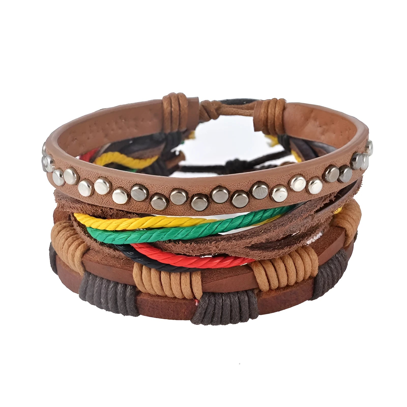 Handmade brown leather wrap bracelet with wooden beads and braided cord on a wrist.
