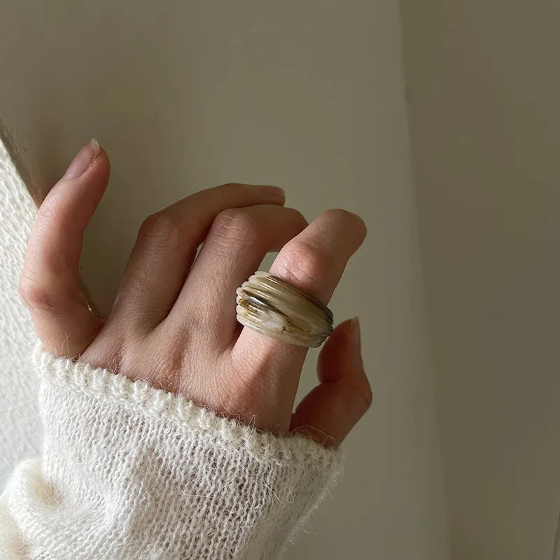 Chinese style irregular geometry resin wide ring in brown or white colour options