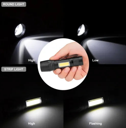Small black aluminium telescopic LED flashlight with clip, showing zoom adjustment and button switch.