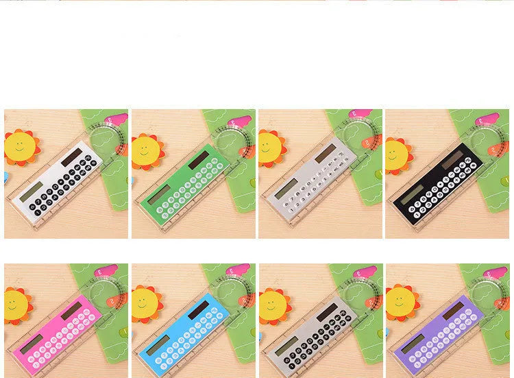 Ultra-thin transparent solar mini calculator with magnifier and ruler, 12.7 cm long