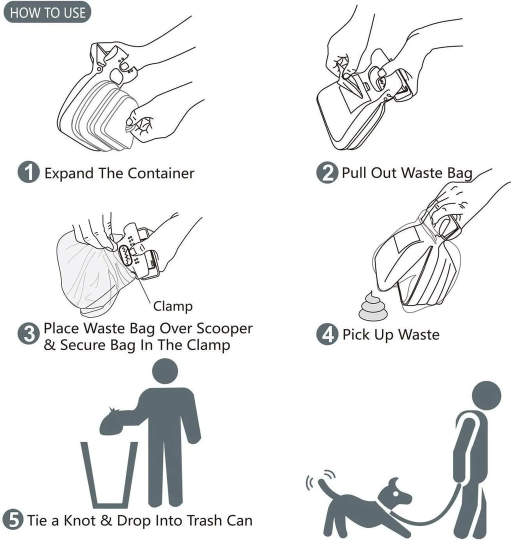 Blue portable dog pooper scooper with clip and integrated waste bag compartment.