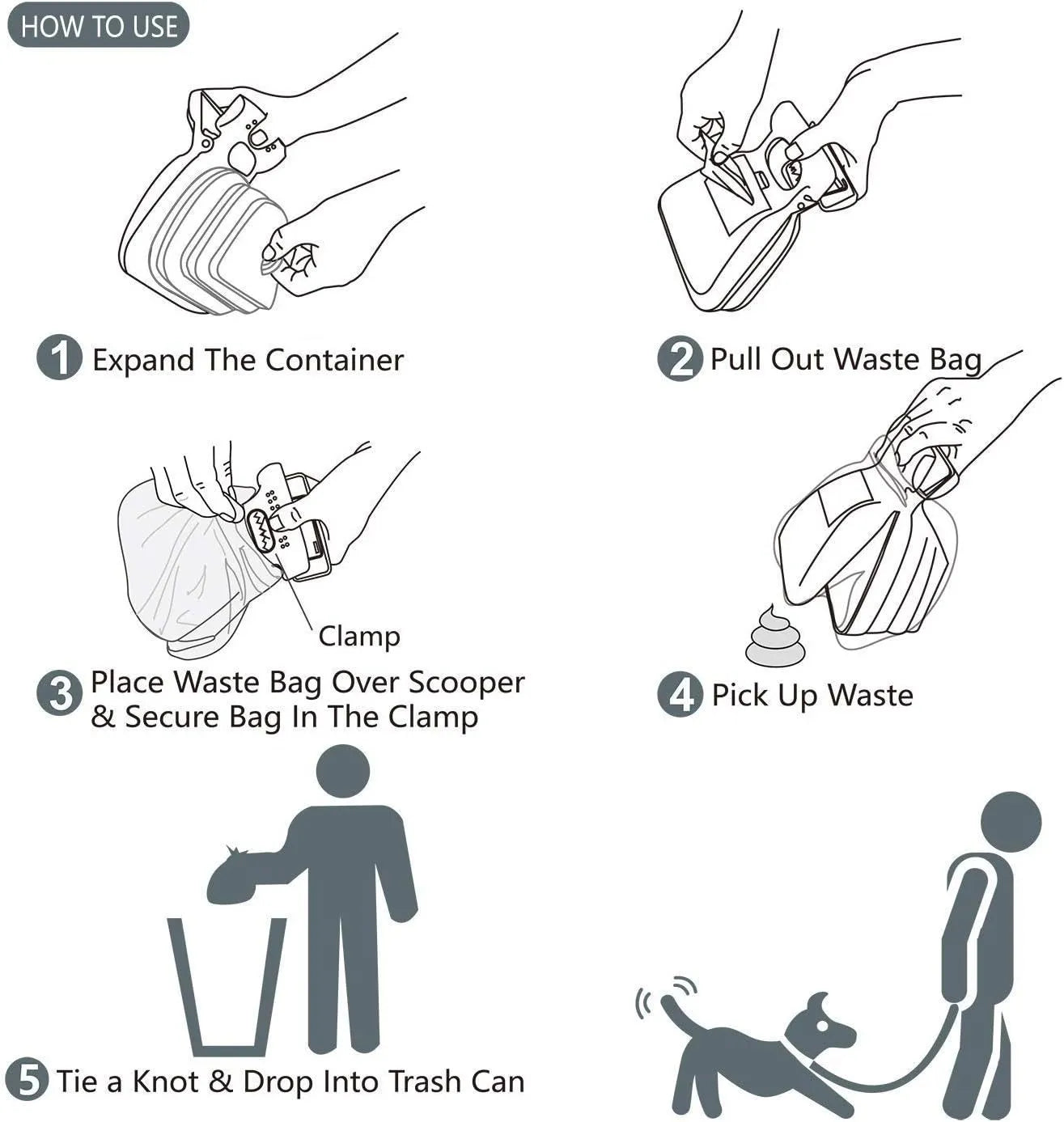 Blue portable dog pooper scooper with clip and integrated waste bag compartment.