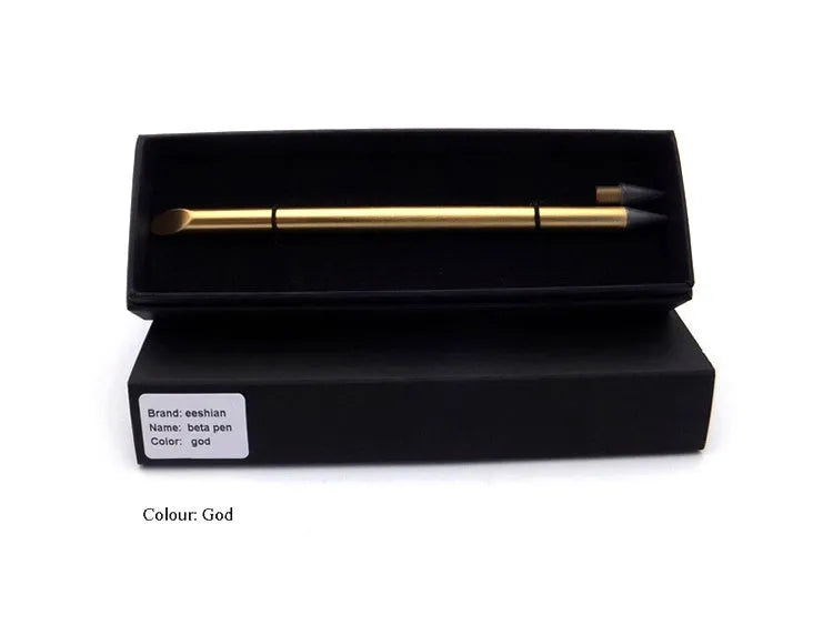 Silver Inkless Metal Pen with 0.5mm alloy tip, spare nib, and leather pen bag on wooden desk.