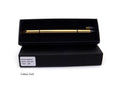 Silver Inkless Metal Pen with 0.5mm alloy tip, spare nib, and leather pen bag on wooden desk.