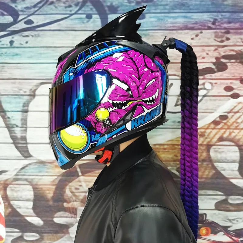 Dirty Braids full-face motorcycle helmet with graphic design options on an ABS shell.