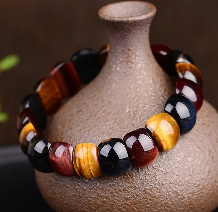 Natural tiger eye stone hand-woven bracelet red beads 14x10mm geometric ethnic style