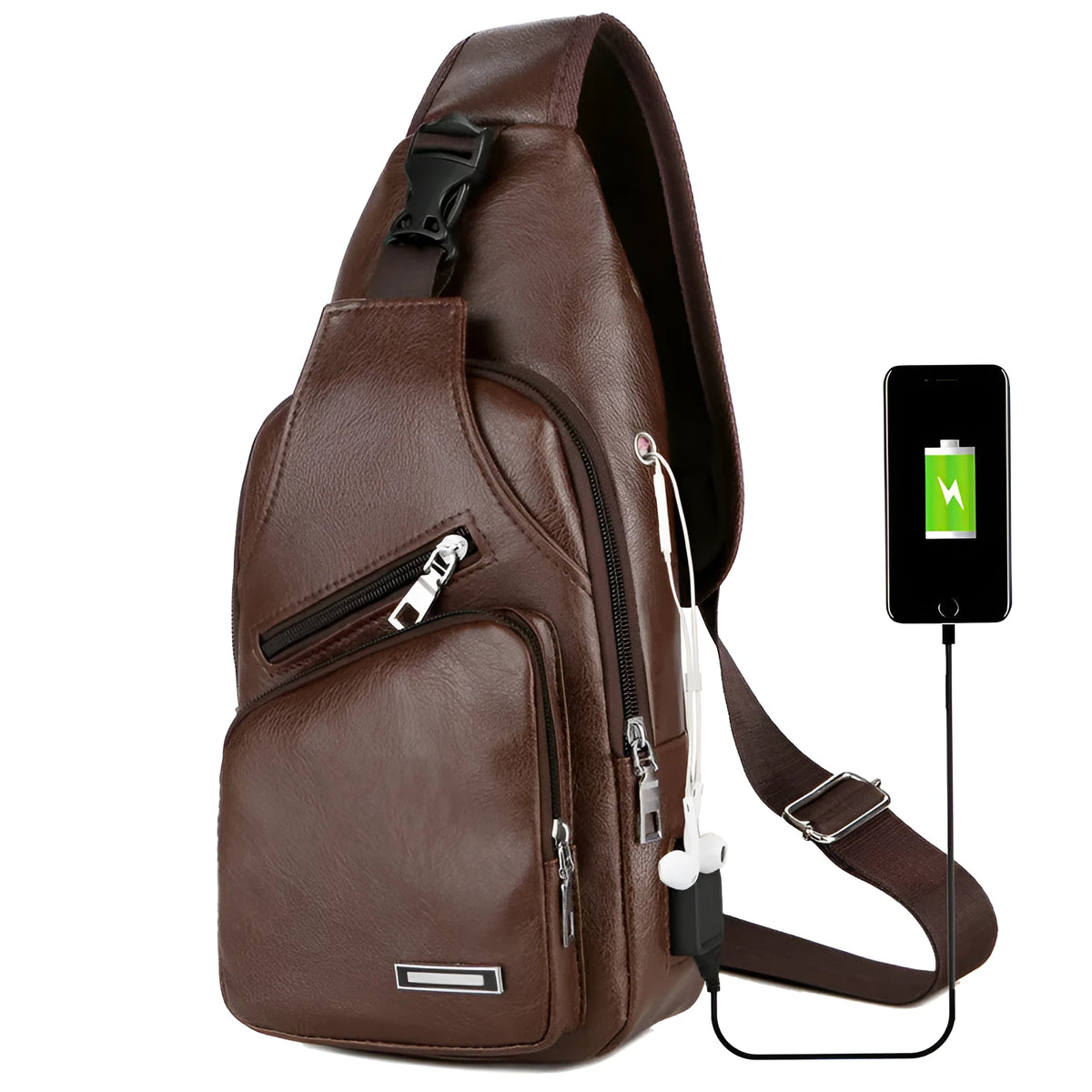 USB portable charging chest bag messenger bag small PU leather black with hardware slider front pocket