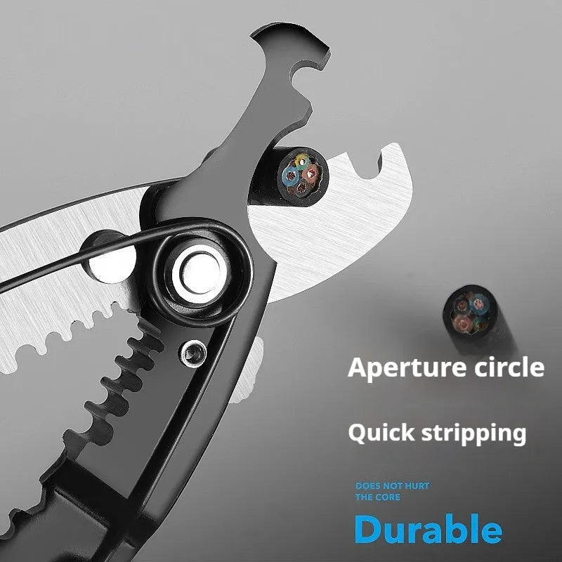 Fully automatic wire stripping pliers tool with high carbon steel blades on a workbench.