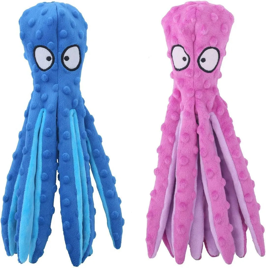 Blue octopus-shaped dog chew toy with tentacles, no stuffing, crinkle and squeaker sounds