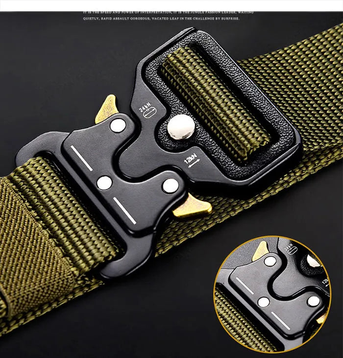 Cobra buckle tactical belt in nylon and zinc alloy, 125cm x 3.8cm, shown in Army Green, Black, and Khaki