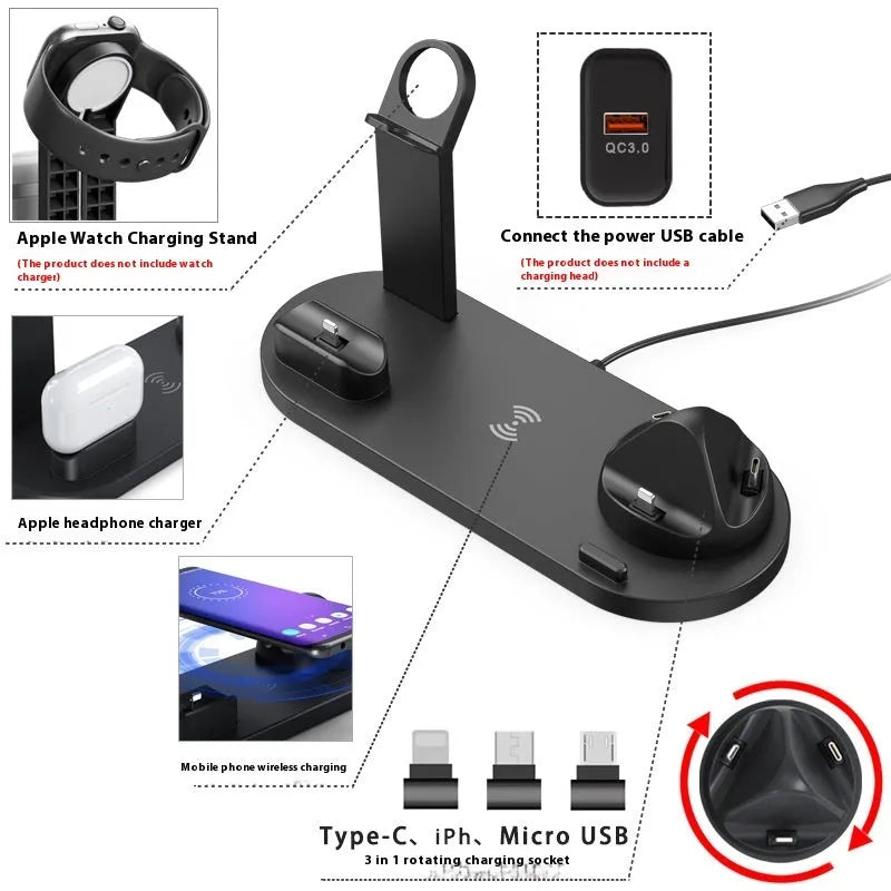 Aluminium charging stand holding a smartphone, smartwatch, and wireless earbuds.