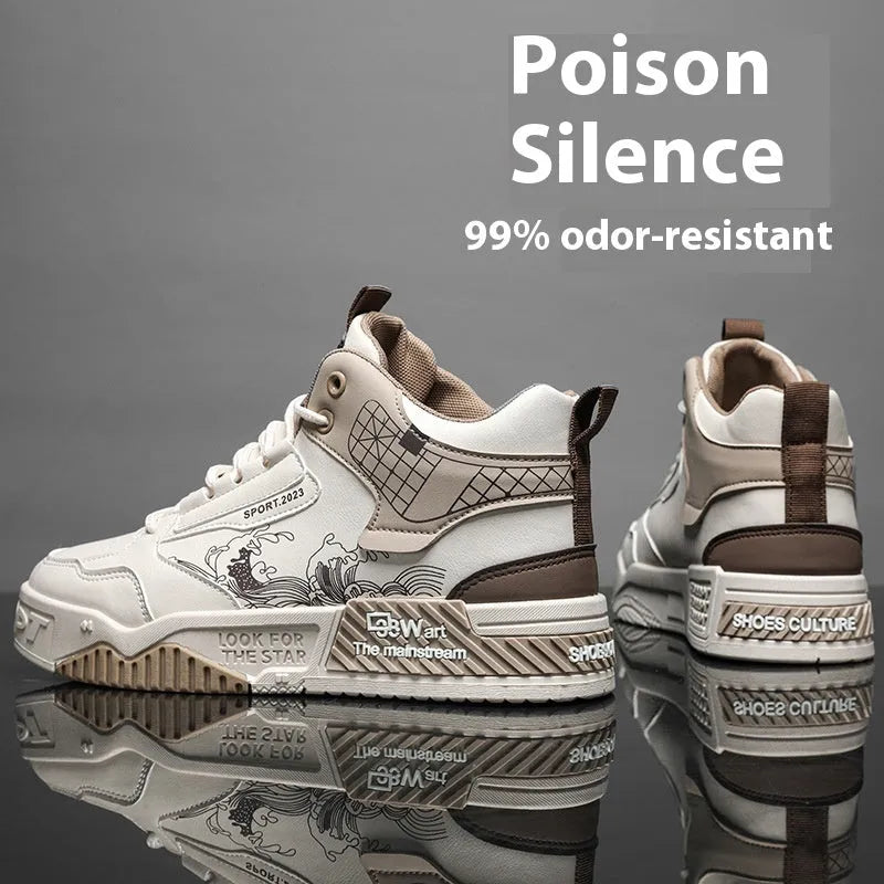 Men's high-top board shoes in beige colour with front lace-up design and rubber sole