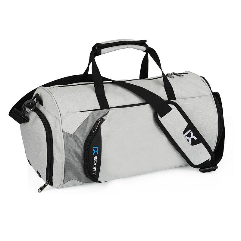 Men sports training bag in black waterproof nylon L size with dry wet separation and trolley strap
