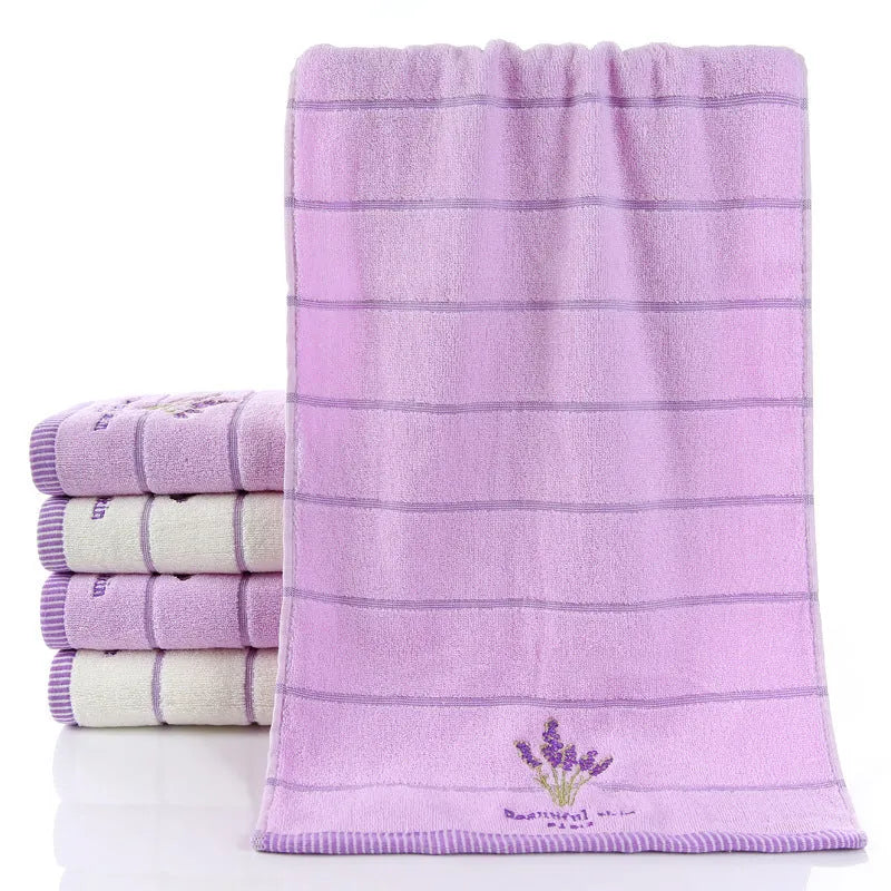 Pure cotton face washing towel with 32 strand embroidery, 34x74cm, in green or purple, soft and absorbent for fitness, travel, and home.