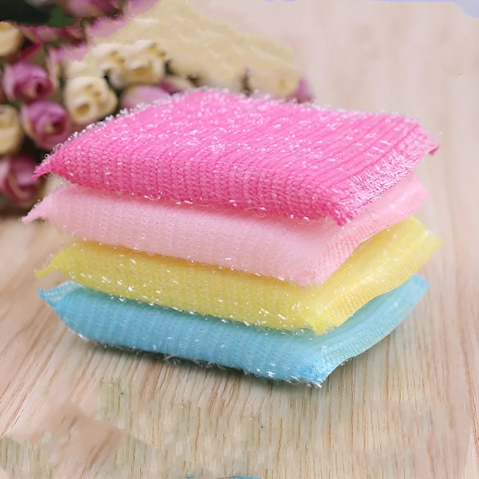 Macaron coloured pinstripe fabric dishwashing sponge mop for kitchen scrubbing.