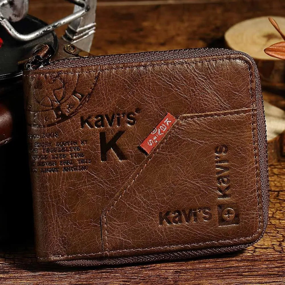 Men's brown genuine leather wallet with multiple compartments and zipper closure