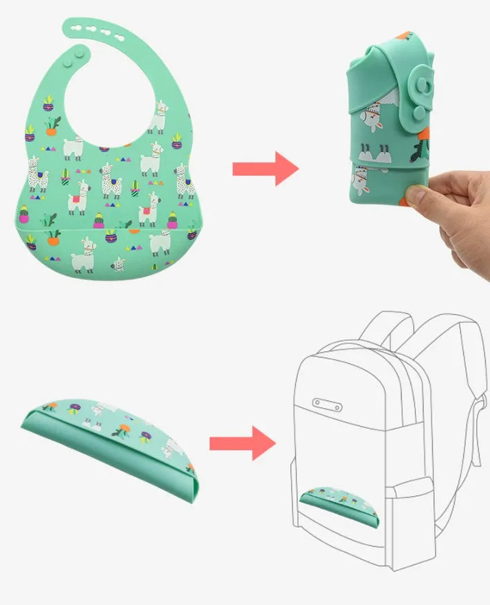 Silicone baby bib with drop catcher and adjustable neck strap in Animal World design