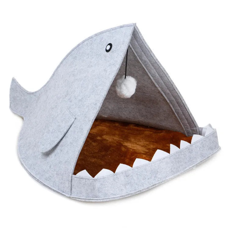 Shark pet cat nest house in blue or grey non-woven felt, 40x60x40cm, 300g, for pets around 8kg