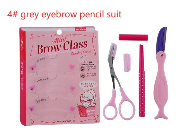 Eyebrow shaping set with pencil, scissors, razor, and stencil in black finish on white background