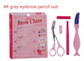 Eyebrow shaping set with pencil, scissors, razor, and stencil in black finish on white background