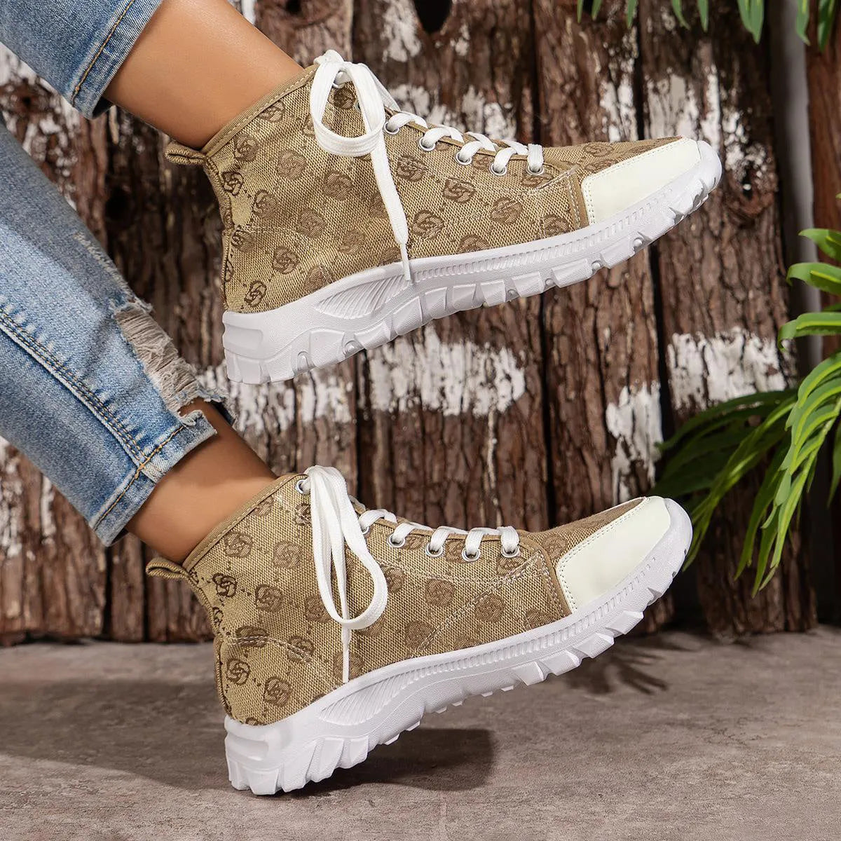 Women's rose-print lace-up canvas boots with round toe, flat heel, mid-tube design and non-slip thick sole