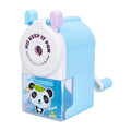 Cartoon cute pet manual pencil sharpener in blue, green, pink, or purple colour on a desk.