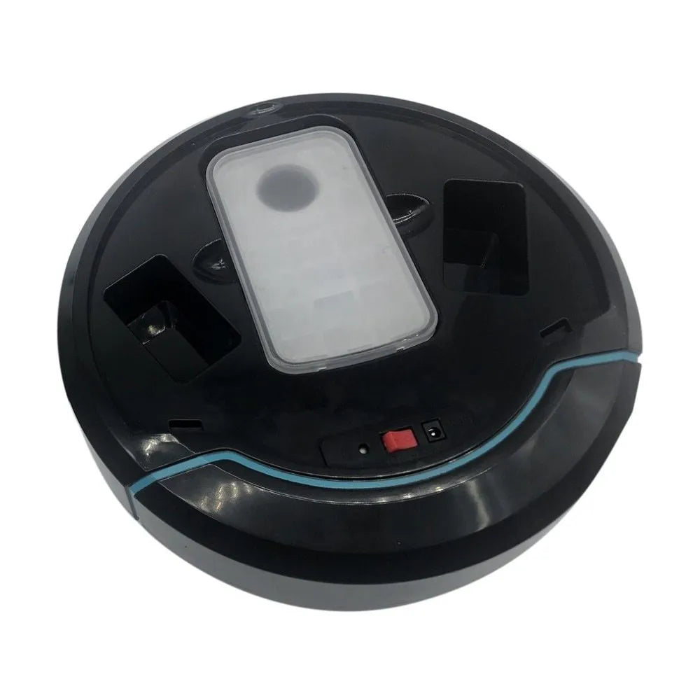 Smart robot vacuum cleaner in black on a hard floor, 22.8 x 22.8 x 7 cm, with ABS body and USB charging cable