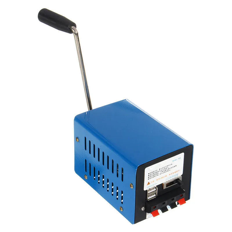 Blue metal hand crank emergency USB generator with anti-slip pads, showing compact size.