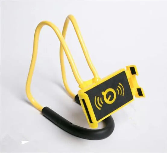 A white flexible neck strap phone holder with a 360-degree rotating clamp gripping a smartphone.
