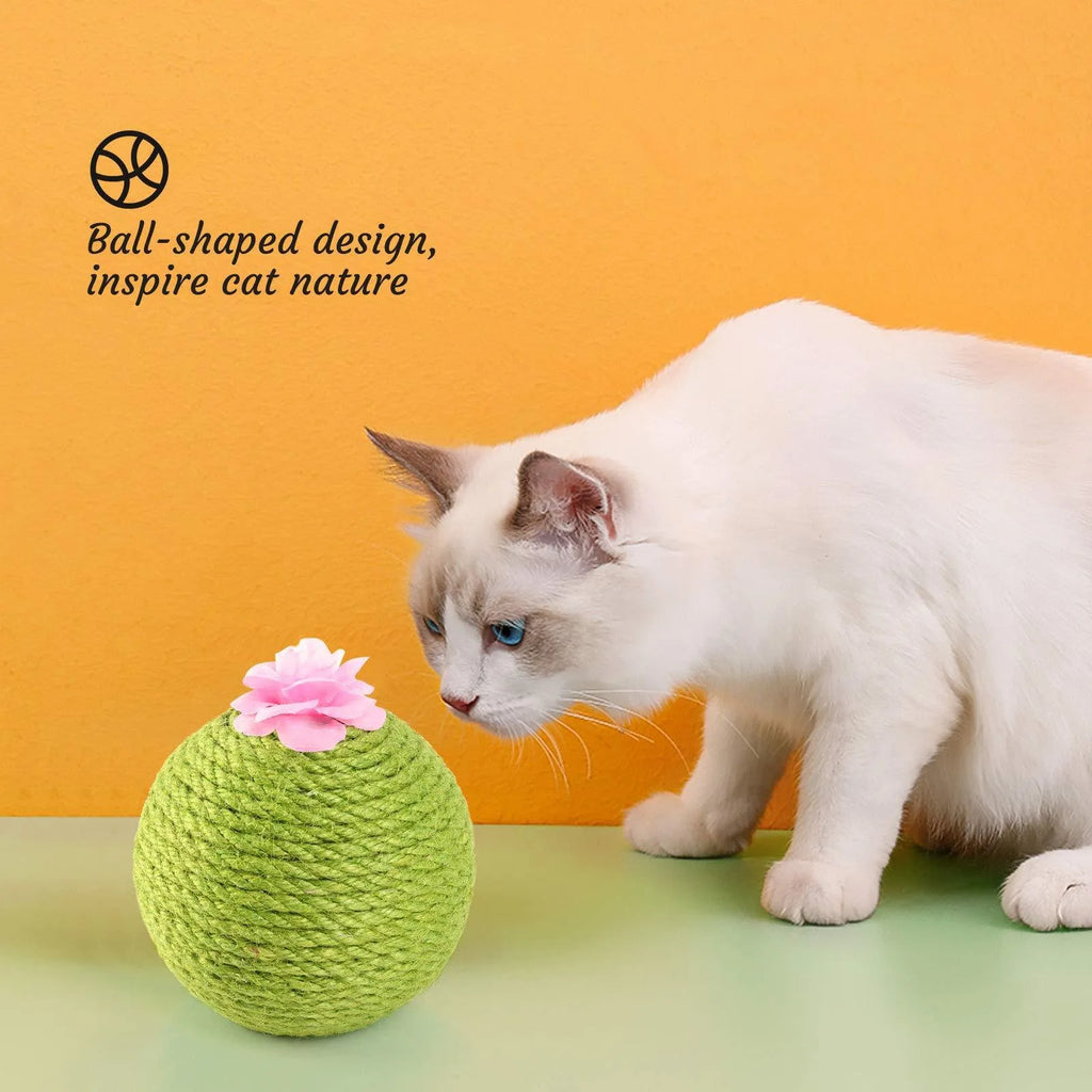 Green cactus-shaped cat scratcher tower with integrated tumbler ball and natural sisal scratching surfaces