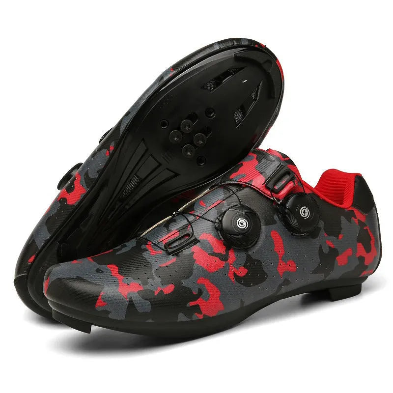 Unisex road bike cycling shoes with lock, breathable lightweight, shown in black, white, red, and camouflage colours.