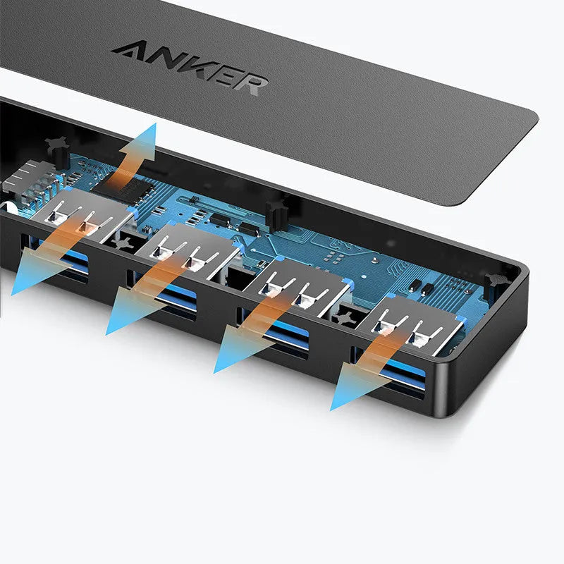 Black Anker 4-port USB 3.0 hub showing compact size and four Type-A ports.