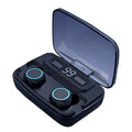 Black M11 wireless Bluetooth headset with charging case featuring a digital display.