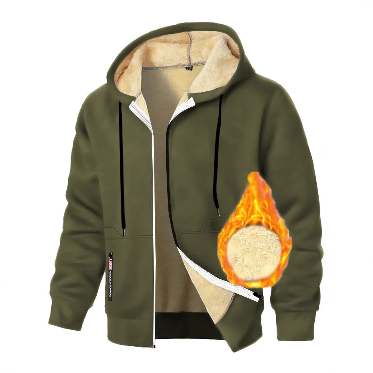 Men's cashmere hoodie thickened zipper coat cardigan in army green, hooded, long sleeves, autumn leisure wear