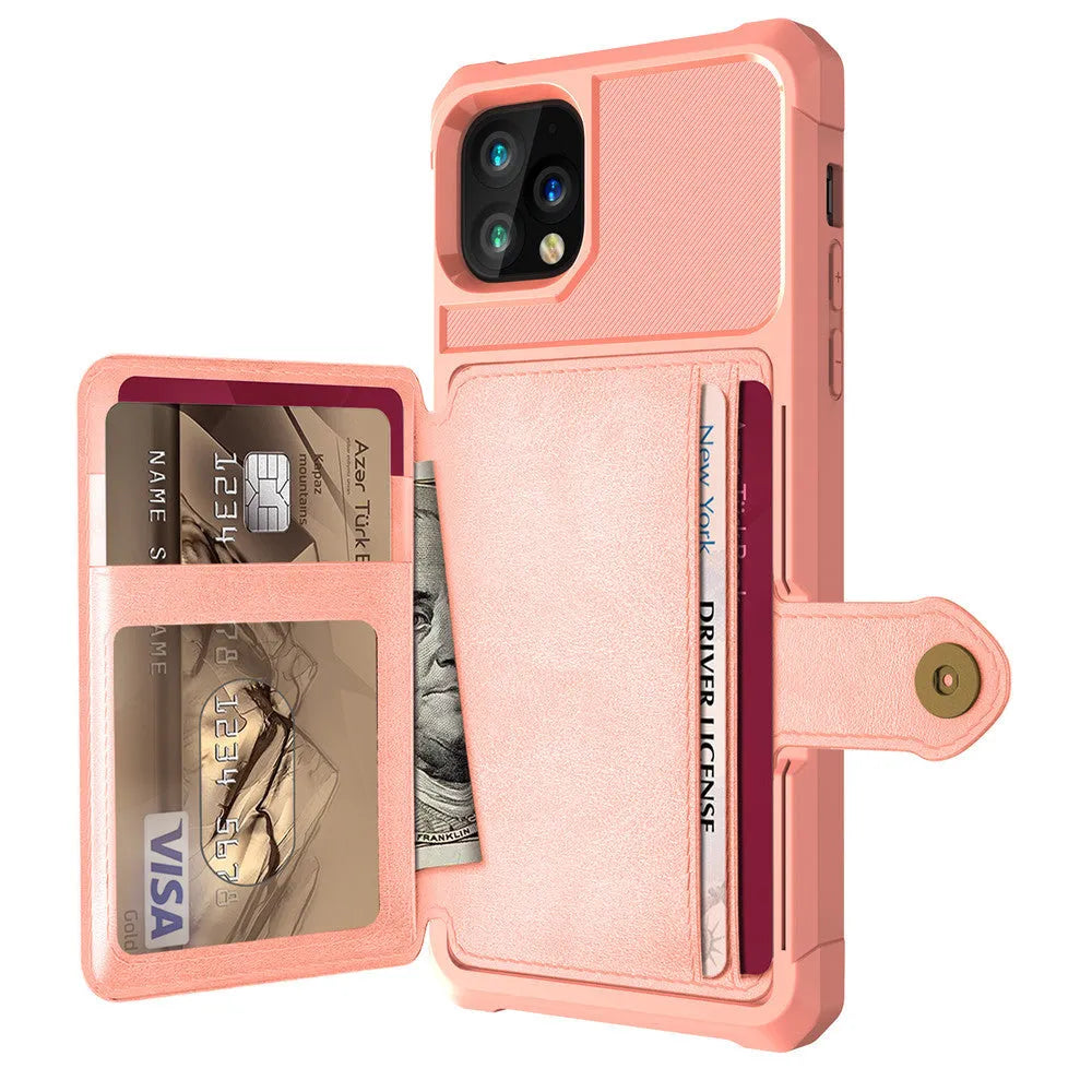 Imitation leather solid colour iPhone case with card wallet slot in black, blue, green, pink, or red.