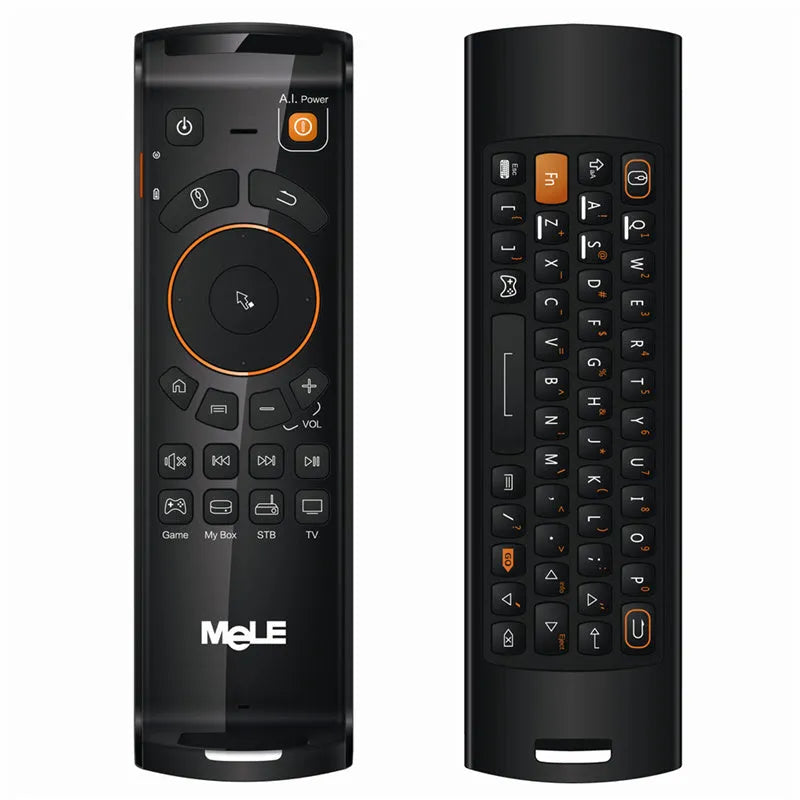 Black Mele F10 Deluxe wireless air mouse remote control with QWERTY keyboard and USB receiver.