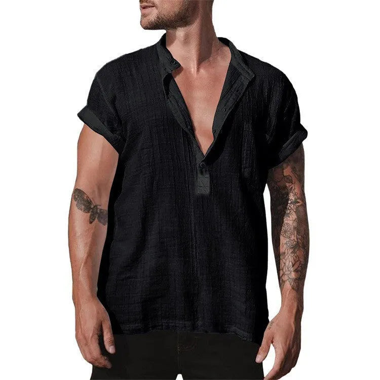 Loose stand neck short sleeve shirt in solid colour with pocket, 80% flax, sizes S-XXXL