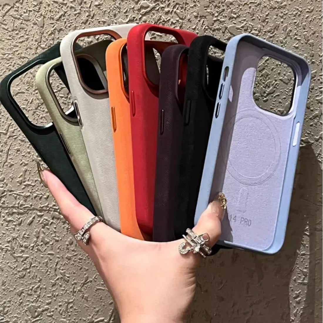 Magnetic leather hard case for iPhone with velvet interior in silver grey colour.