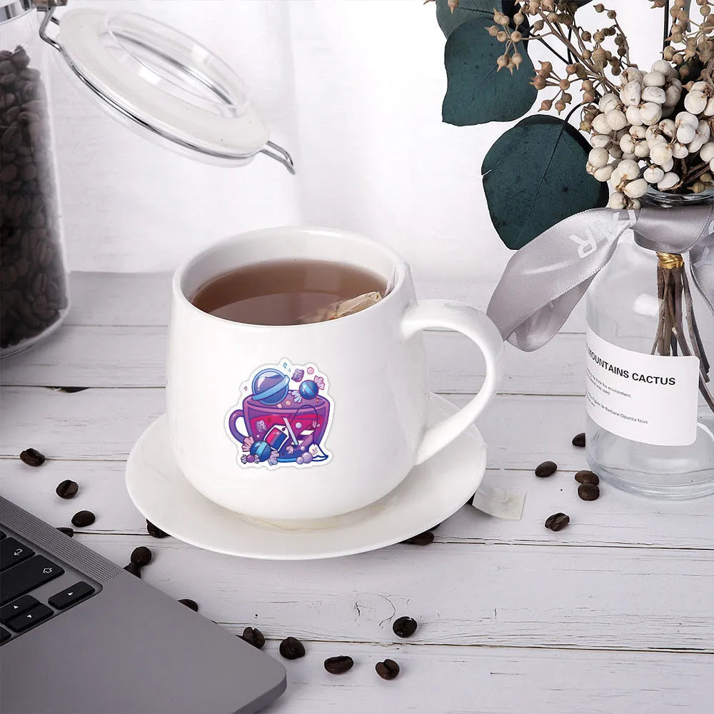 A sheet of colourful tea cup graffiti design waterproof vinyl stickers for DIY personalisation.