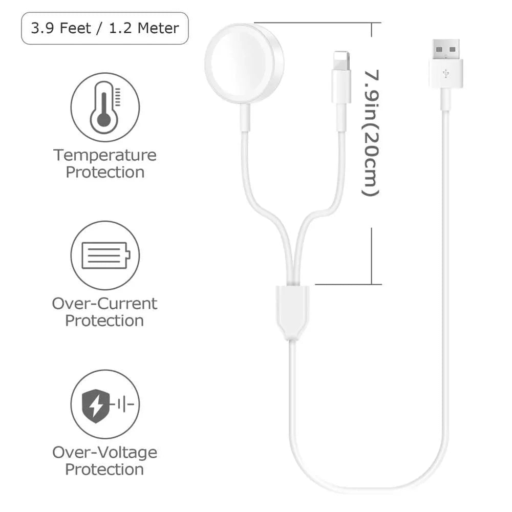 White two-in-one wireless charging device for watches with USB connector