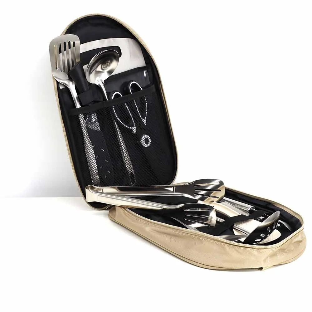 12-piece stainless steel picnic kitchenware set in a portable khaki storage bag