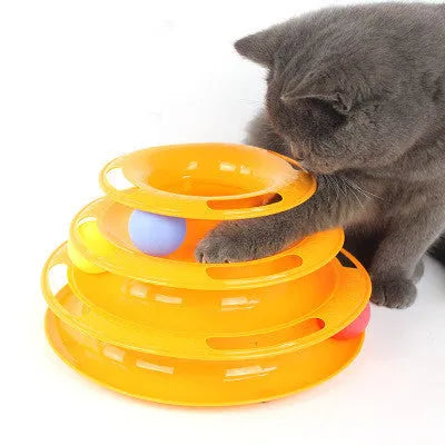 Interactive four-layer cat turntable toy with ball tower tracks, plastic, 16x29cm, in pink, blue, or orange